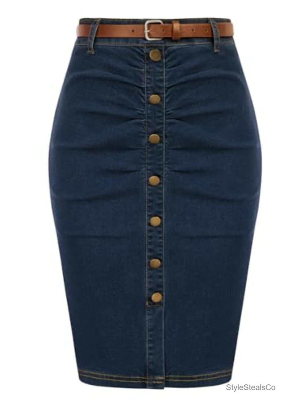 Womens High Waisted Denim Pencil Skirt Ruched Bodycon with Belt Office
